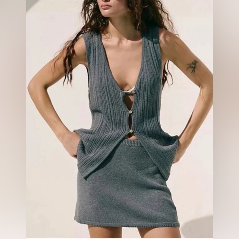 Free People FP Gray Ribbed Knit Vest and Skirt Set Size Small